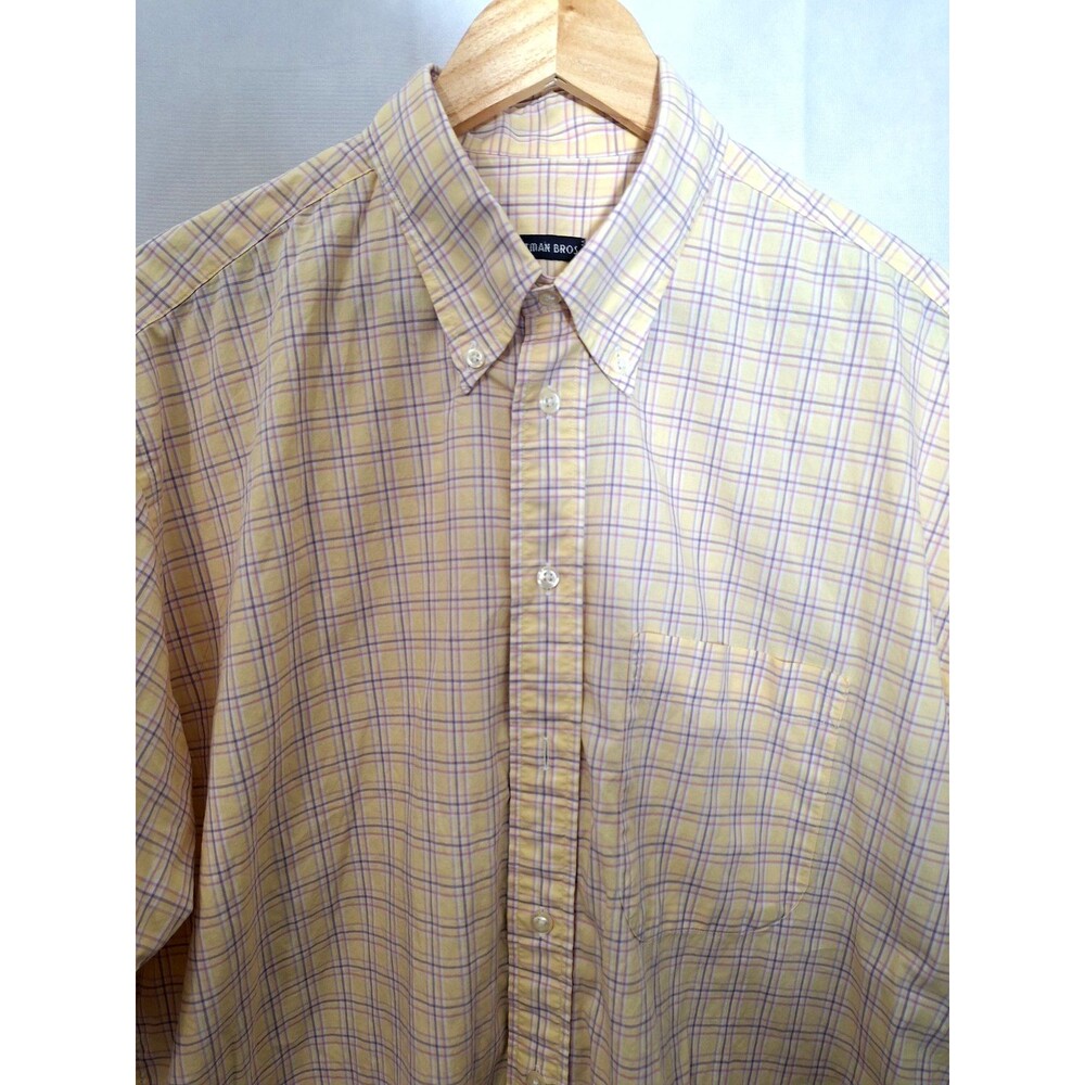 Vintage Gitman Bros Yellow Pastel Plaid Button Down Shirt Mens L Made In USA S/S